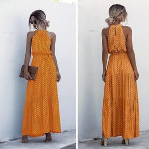 Yellow Polka Dot Tie Waist Maxi Dress